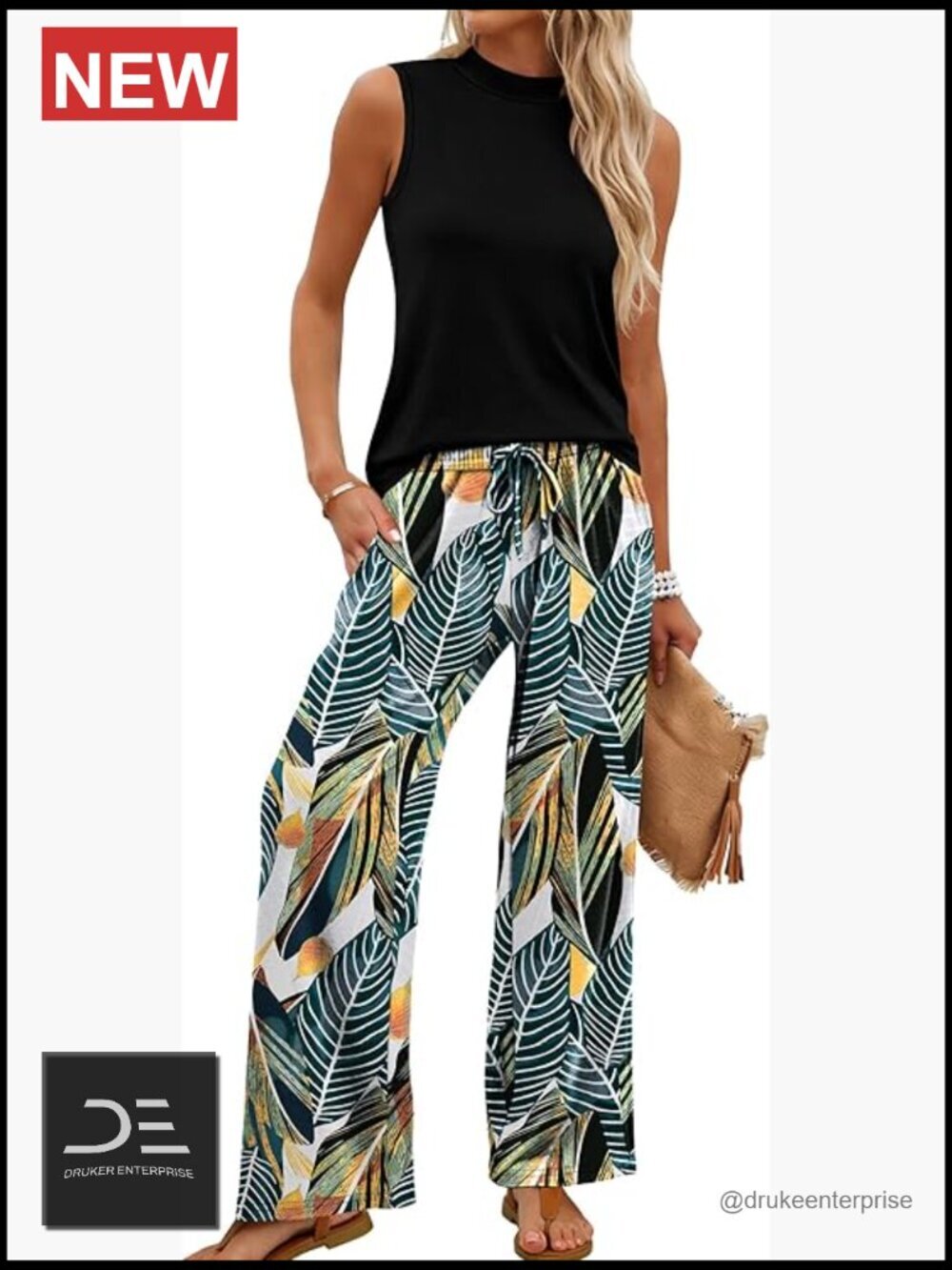 Mock Neck Sleeveless Top & Wide Leg Pant Set, OEKO-TEX Certified, Travel